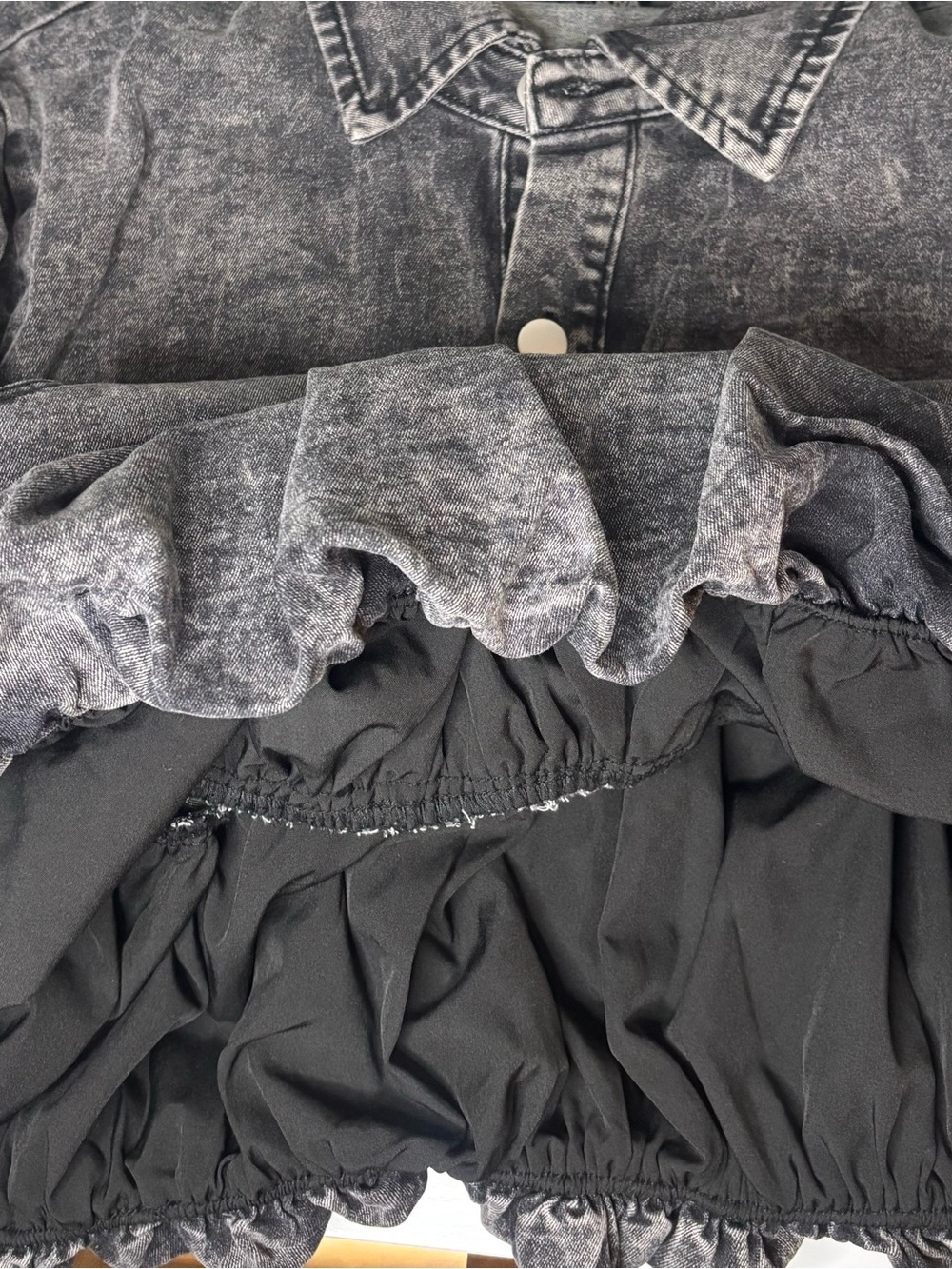 Fashion Nova Washed Black Denim Ruffle Hem Shirt Dress • Long Sleeve Mini - Picture 5 of 6